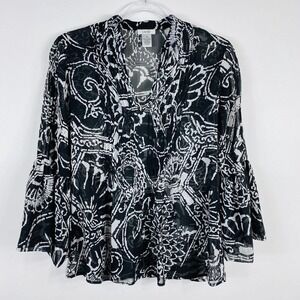 Cache Size XS Abstract Print Bell Sleeve Sheer Blouse Top Black White